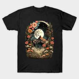 Boho Chic Floral Moon Mountain Forest Nature Retro Flower T-Shirt